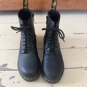 Dr. Martens 1460 Pascal Front Zip Black Leather Boots with Yellow Stitching